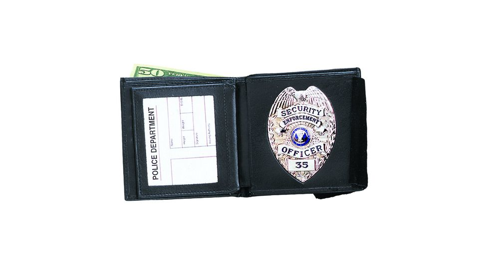 Strong Leather Double ID Badge wallet with security badge and cash, perfect for professionals in law enforcement.